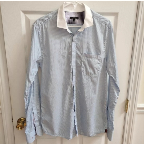 Gucci G Logo Men's Button Down Shirt Blue White Pin Stripe Men's XL Run Small